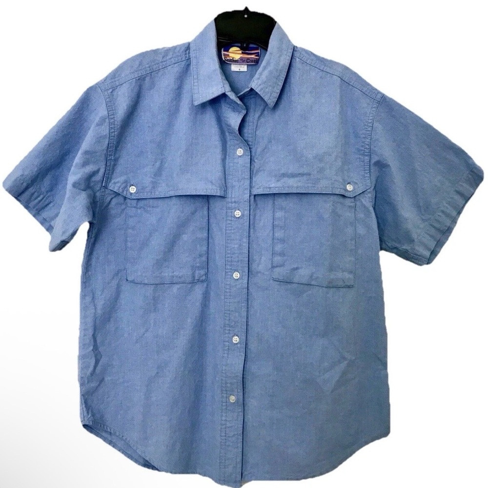 Cricket By The Creek Vintage Womens M Chambray Blue Short Sleeve Sportsman Shirt